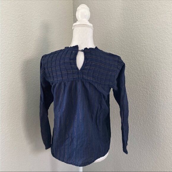 Anthropologie Maeve Navy Striped Long Sleeve Keyhole Back Pleated Blouse Size M - Picture 3 of 9